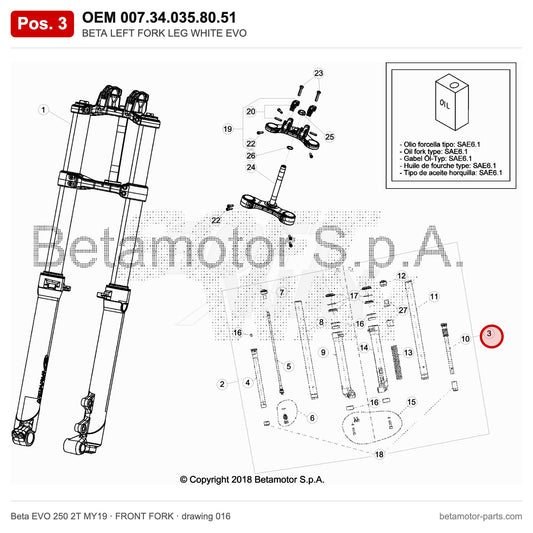 BETA LEFT FORK LEG WHITE EVO – OEM 007.34.035.80.51, position 3 on the Beta EVO 250 2T MY19 front fork drawing