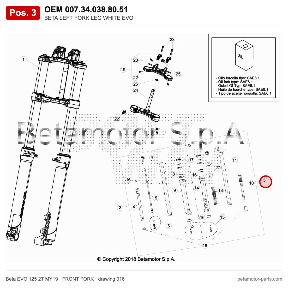 BETA LEFT FORK LEG WHITE EVO – OEM 007.34.038.80.51, position 3 on the Beta EVO 125 2T MY19 front fork drawing