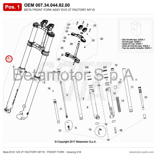 BETA FRONT FORK ASSY EVO 2T FACTORY MY19 – OEM 007.34.044.82.00, position 1 on the Beta EVO 125 2T FACTORY MY19 front fork drawing