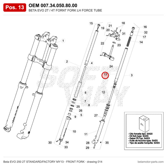 BETA EVO 2T / 4T FORNT FORK LH FORCE TUBE – OEM 007.34.050.80.00, position 13 on the Beta EVO 250 2T STANDARD/FACTORY MY13 front fork drawing
