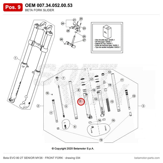 BETA FORK SLIDER – OEM 007.34.052.00.53, position 9 on the Beta EVO 80 2T SENIOR MY26 front fork drawing