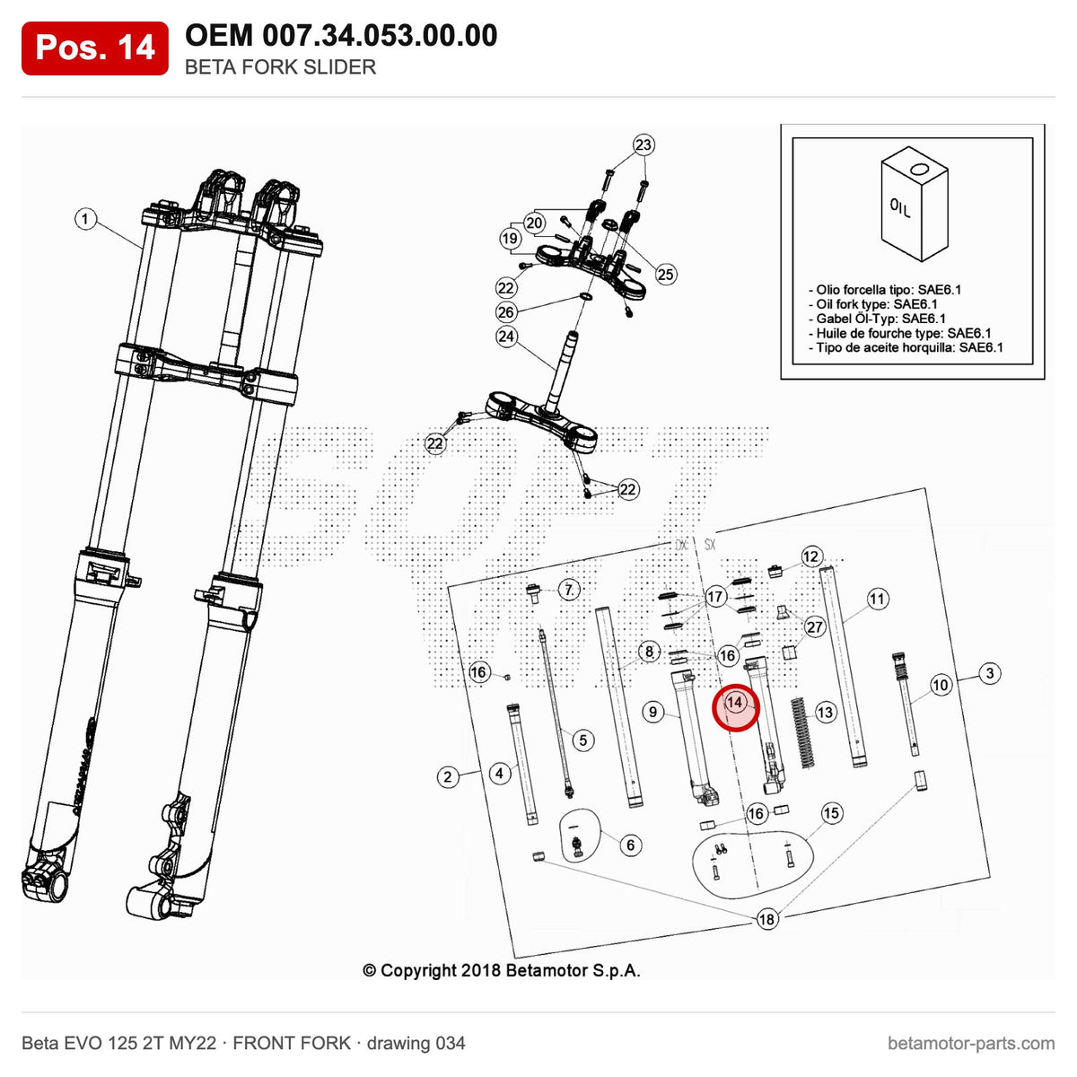 BETA FORK SLIDER – OEM 007.34.053.00.00, position 14 on the Beta EVO 125 2T MY22 front fork drawing