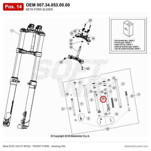 BETA FORK SLIDER – OEM 007.34.053.00.00, position 14 on the Beta EVO 125 2T MY22 front fork drawing