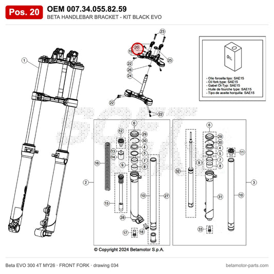 BETA HANDLEBAR BRACKET - KIT BLACK EVO – OEM 007.34.055.82.59, position 20 on the Beta EVO 300 4T MY26 front fork drawing
