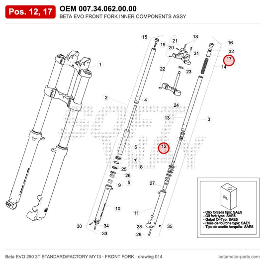 BETA EVO FRONT FORK INNER COMPONENTS ASSY – OEM 007.34.062.00.00, positions 12,17 on the Beta EVO 250 2T STANDARD/FACTORY MY13 front fork drawing