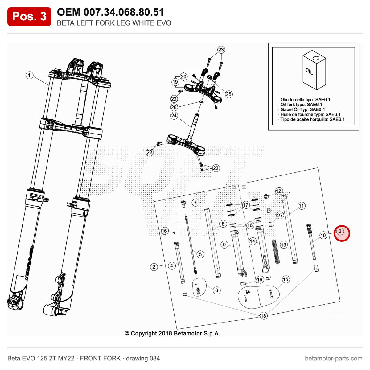 BETA LEFT FORK LEG WHITE EVO – OEM 007.34.068.80.51, position 3 on the Beta EVO 125 2T MY22 front fork drawing