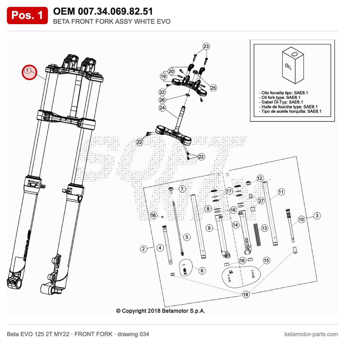BETA FRONT FORK ASSY WHITE EVO – OEM 007.34.069.82.51, position 1 on the Beta EVO 125 2T MY22 front fork drawing