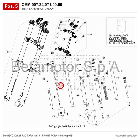 BETA EXTENSION GROUP – OEM 007.34.071.00.00, position 5 on the Beta EVO 125 2T FACTORY MY19 front fork drawing