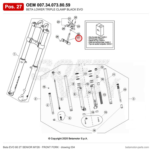 BETA LOWER TRIPLE CLAMP BLACK EVO – OEM 007.34.073.80.59, position 27 on the Beta EVO 80 2T SENIOR MY26 front fork drawing