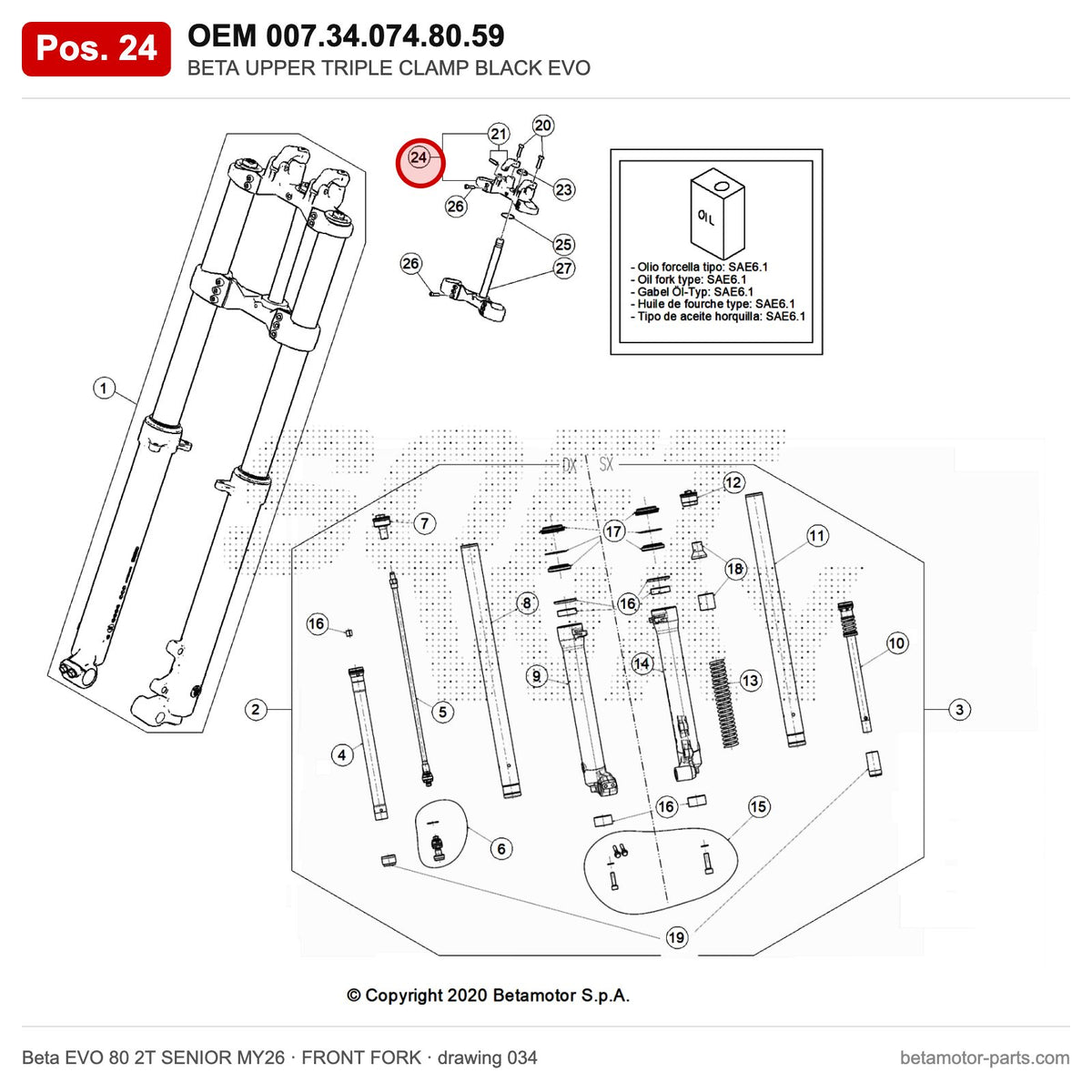 BETA UPPER TRIPLE CLAMP BLACK EVO – OEM 007.34.074.80.59, position 24 on the Beta EVO 80 2T SENIOR MY26 front fork drawing