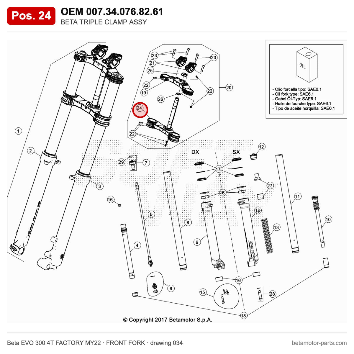 BETA TRIPLE CLAMP ASSY – OEM 007.34.076.82.61, position 24 on the Beta EVO 300 4T FACTORY MY22 front fork drawing