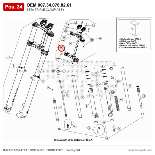BETA TRIPLE CLAMP ASSY – OEM 007.34.076.82.61, position 24 on the Beta EVO 300 4T FACTORY MY22 front fork drawing