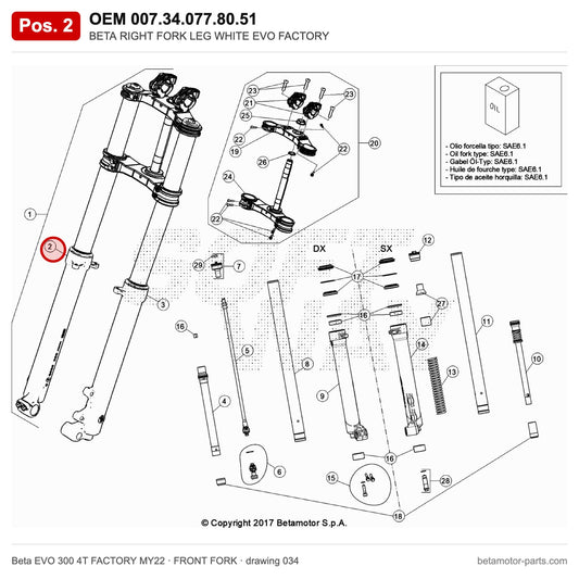 BETA RIGHT FORK LEG WHITE EVO FACTORY – OEM 007.34.077.80.51, position 2 on the Beta EVO 300 4T FACTORY MY22 front fork drawing