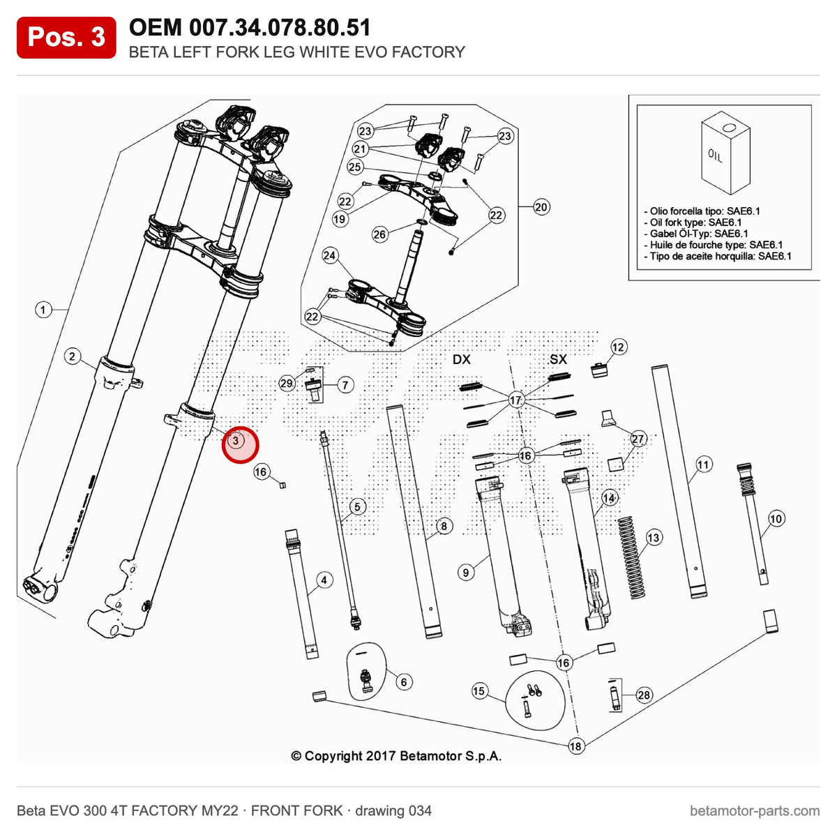 BETA LEFT FORK LEG WHITE EVO FACTORY – OEM 007.34.078.80.51, position 3 on the Beta EVO 300 4T FACTORY MY22 front fork drawing