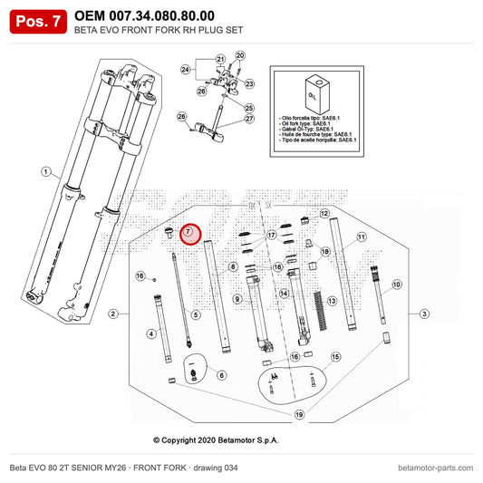 BETA EVO FRONT FORK RH PLUG SET – OEM 007.34.080.80.00, position 7 on the Beta EVO 80 2T SENIOR MY26 front fork drawing