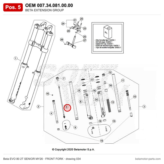 BETA EXTENSION GROUP – OEM 007.34.081.00.00, position 5 on the Beta EVO 80 2T SENIOR MY26 front fork drawing