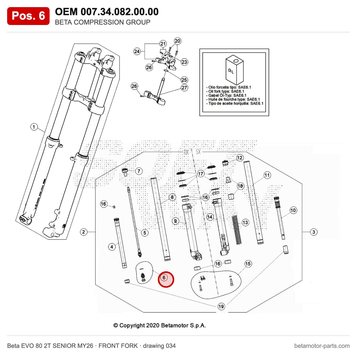 BETA COMPRESSION GROUP – OEM 007.34.082.00.00, position 6 on the Beta EVO 80 2T SENIOR MY26 front fork drawing