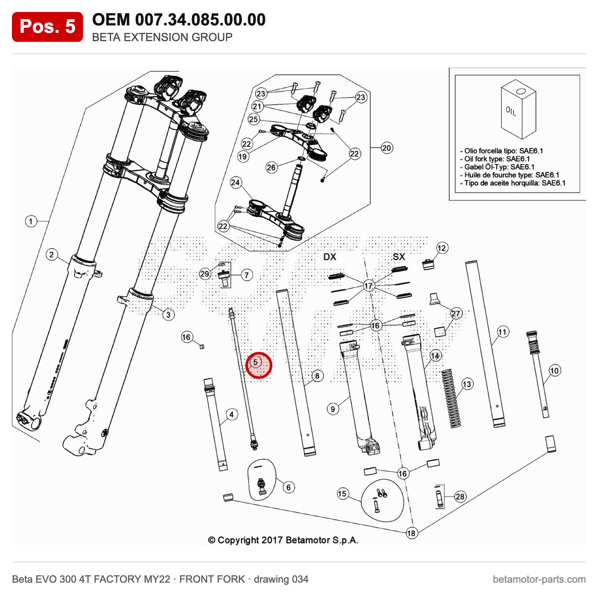 BETA EXTENSION GROUP – OEM 007.34.085.00.00, position 5 on the Beta EVO 300 4T FACTORY MY22 front fork drawing