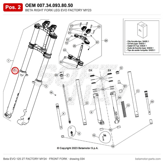 BETA RIGHT FORK LEG EVO FACTORY MY23 – OEM 007.34.093.80.50, position 2 on the Beta EVO 125 2T FACTORY MY24 front fork drawing
