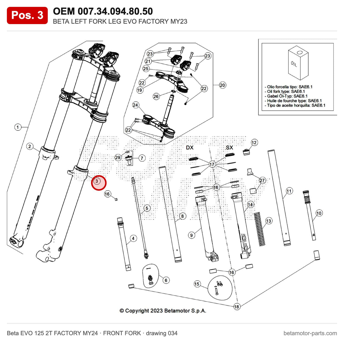 BETA LEFT FORK LEG EVO FACTORY MY23 – OEM 007.34.094.80.50, position 3 on the Beta EVO 125 2T FACTORY MY24 front fork drawing