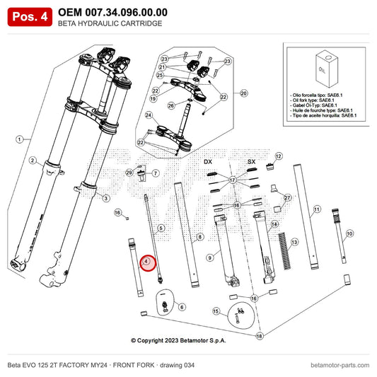 BETA HYDRAULIC CARTRIDGE – OEM 007.34.096.00.00, position 4 on the Beta EVO 125 2T FACTORY MY24 front fork drawing