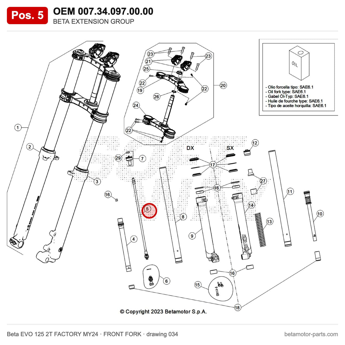 BETA EXTENSION GROUP – OEM 007.34.097.00.00, position 5 on the Beta EVO 125 2T FACTORY MY24 front fork drawing
