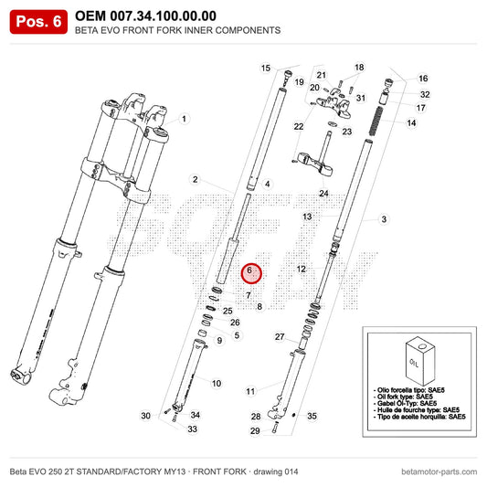 BETA EVO FRONT FORK INNER COMPONENTS – OEM 007.34.100.00.00, position 6 on the Beta EVO 250 2T STANDARD/FACTORY MY13 front fork drawing