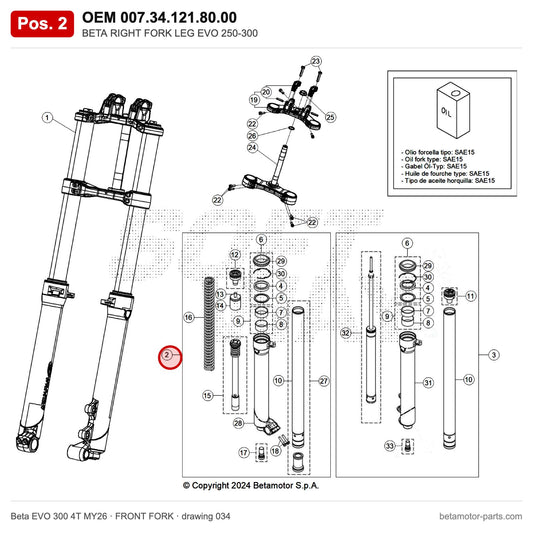 BETA RIGHT FORK LEG EVO 250-300 – OEM 007.34.121.80.00, position 2 on the Beta EVO 300 4T MY26 front fork drawing