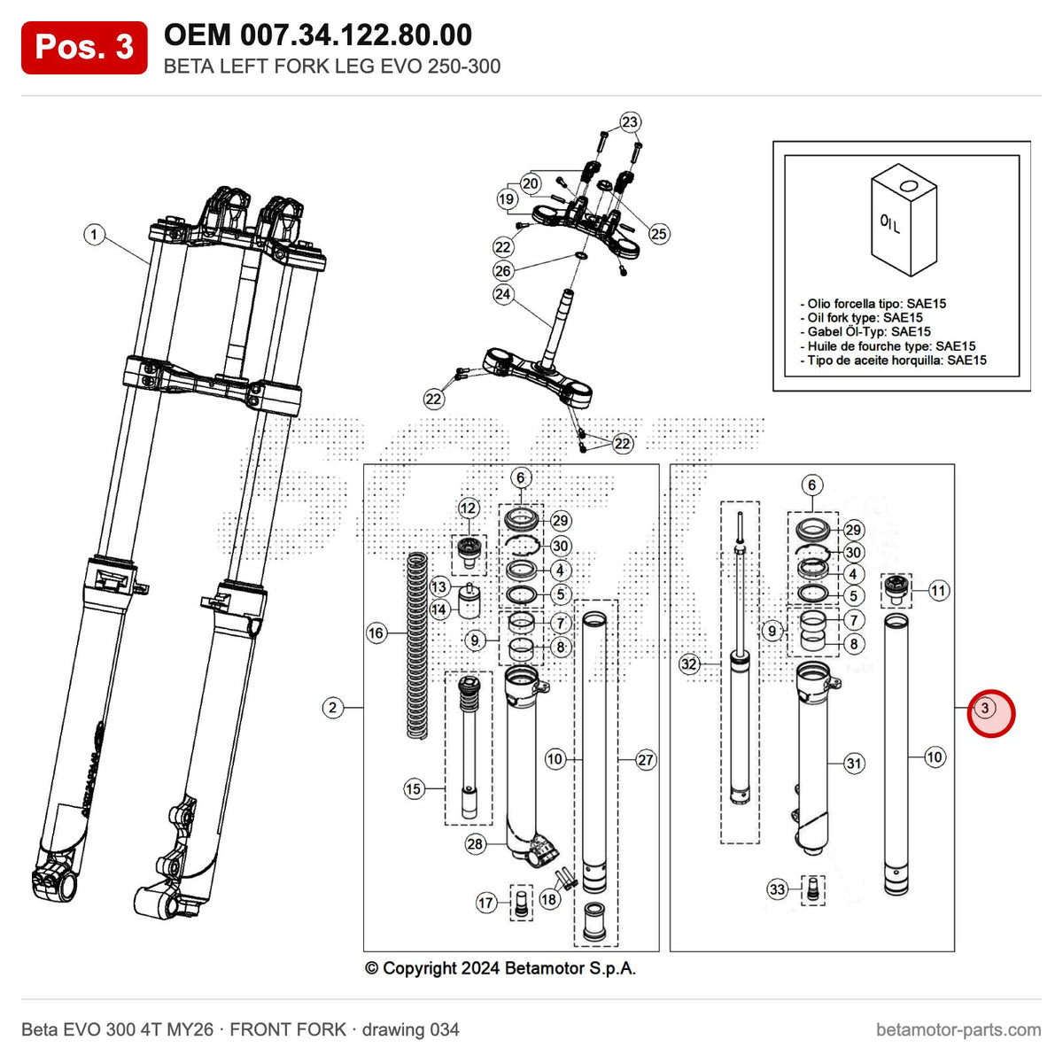 BETA LEFT FORK LEG EVO 250-300 – OEM 007.34.122.80.00, position 3 on the Beta EVO 300 4T MY26 front fork drawing