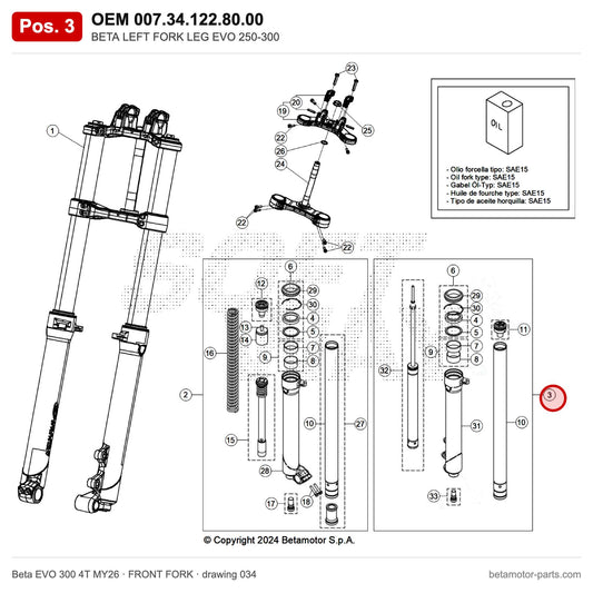 BETA LEFT FORK LEG EVO 250-300 – OEM 007.34.122.80.00, position 3 on the Beta EVO 300 4T MY26 front fork drawing