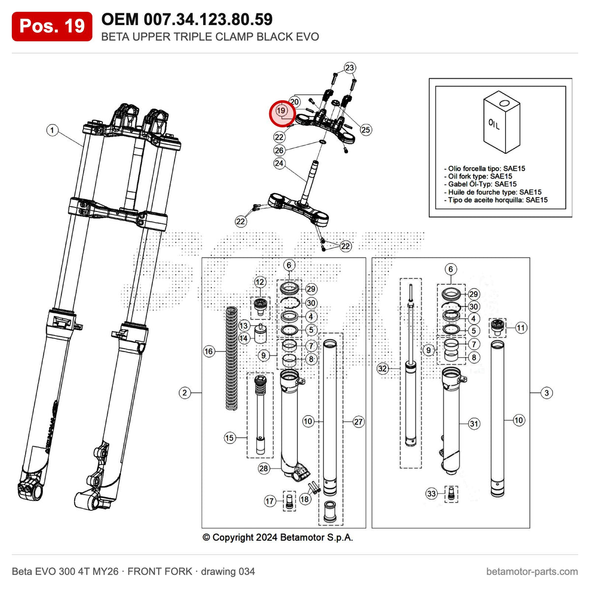 BETA UPPER TRIPLE CLAMP BLACK EVO – OEM 007.34.123.80.59, position 19 on the Beta EVO 300 4T MY26 front fork drawing