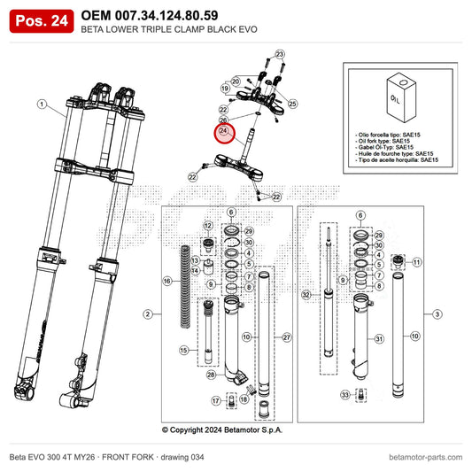 BETA LOWER TRIPLE CLAMP BLACK EVO – OEM 007.34.124.80.59, position 24 on the Beta EVO 300 4T MY26 front fork drawing