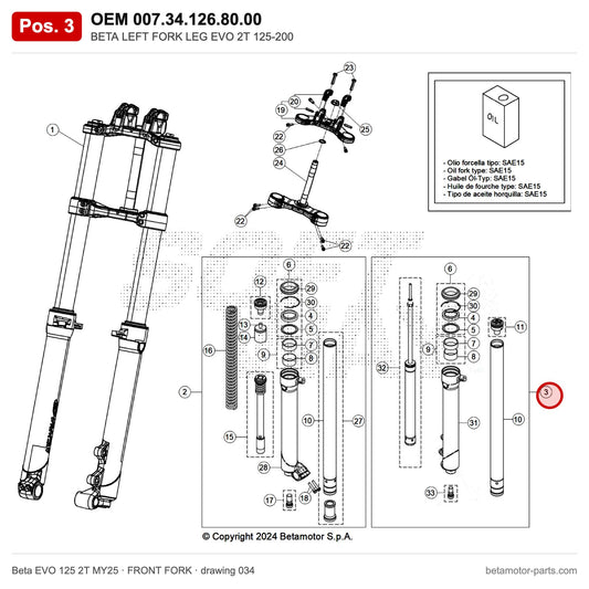 BETA LEFT FORK LEG EVO 2T 125-200 – OEM 007.34.126.80.00, position 3 on the Beta EVO 125 2T MY25 front fork drawing