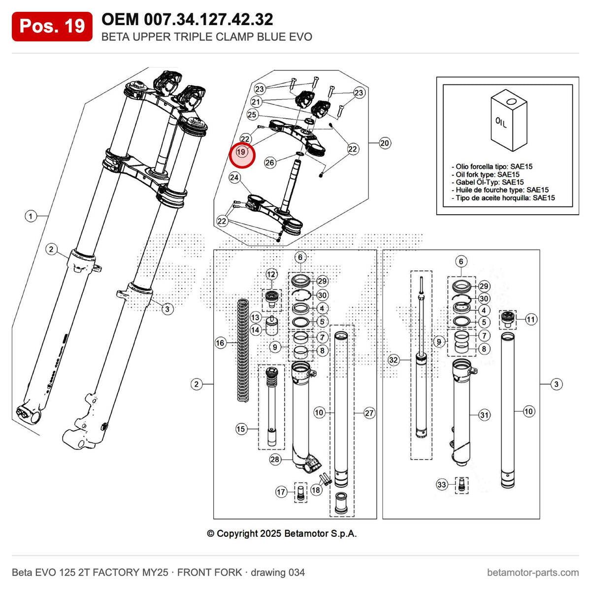 BETA UPPER TRIPLE CLAMP BLUE EVO – OEM 007.34.127.42.32, position 19 on the Beta EVO 125 2T FACTORY MY25 front fork drawing