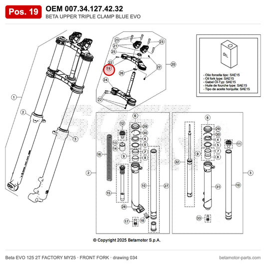 BETA UPPER TRIPLE CLAMP BLUE EVO – OEM 007.34.127.42.32, position 19 on the Beta EVO 125 2T FACTORY MY25 front fork drawing
