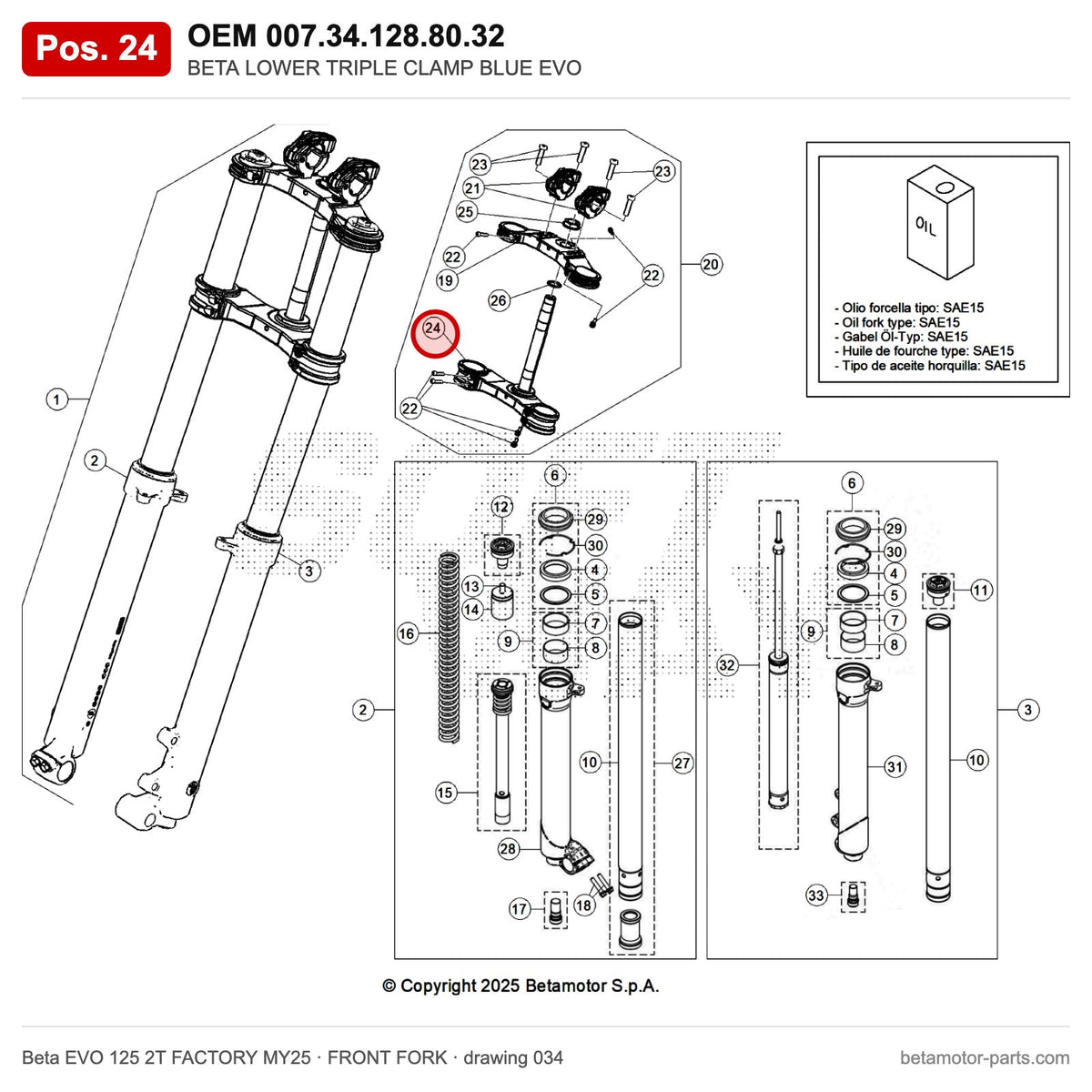 BETA LOWER TRIPLE CLAMP BLUE EVO – OEM 007.34.128.80.32, position 24 on the Beta EVO 125 2T FACTORY MY25 front fork drawing