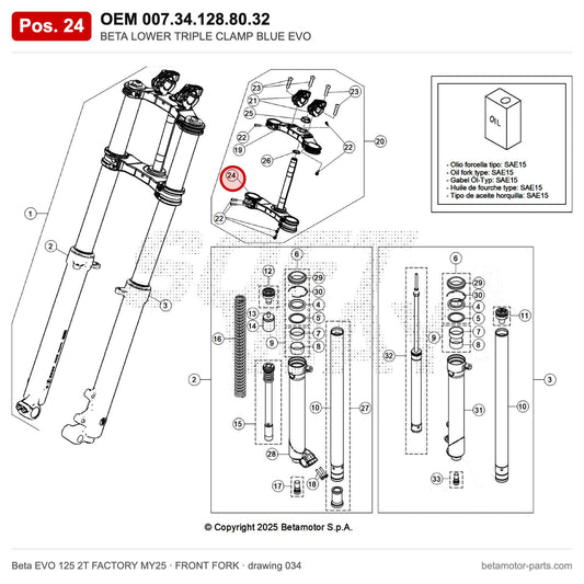 BETA LOWER TRIPLE CLAMP BLUE EVO – OEM 007.34.128.80.32, position 24 on the Beta EVO 125 2T FACTORY MY25 front fork drawing