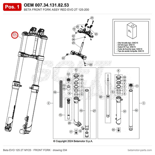 BETA FRONT FORK ASSY RED EVO 2T 125-200 – OEM 007.34.131.82.53, position 1 on the Beta EVO 125 2T MY25 front fork drawing
