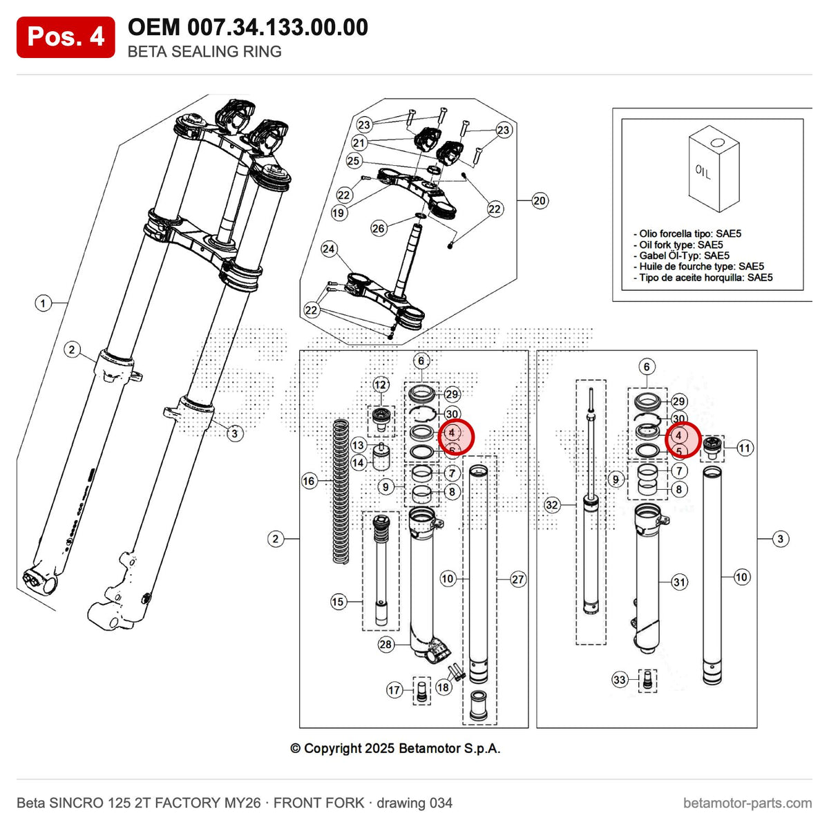 BETA SEALING RING – OEM 007.34.133.00.00, position 4 on the Beta SINCRO 125 2T FACTORY MY26 front fork drawing