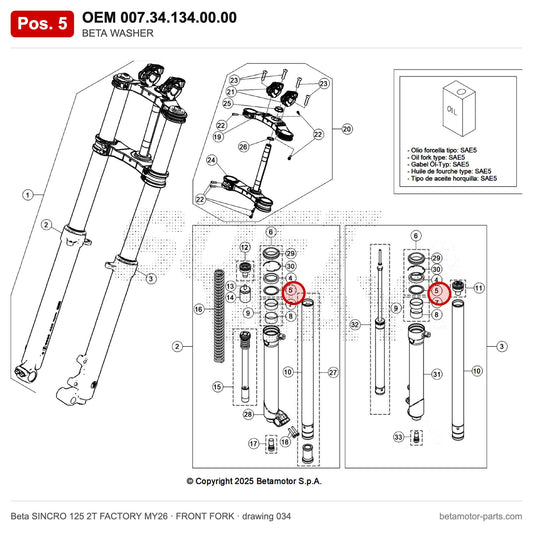 BETA WASHER – OEM 007.34.134.00.00, position 5 on the Beta SINCRO 125 2T FACTORY MY26 front fork drawing