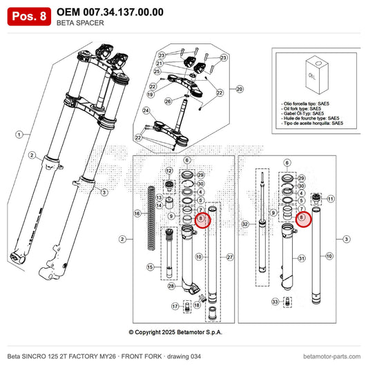 BETA SPACER_9 – OEM 007.34.137.00.00, position 8 on the Beta SINCRO 125 2T FACTORY MY26 front fork drawing