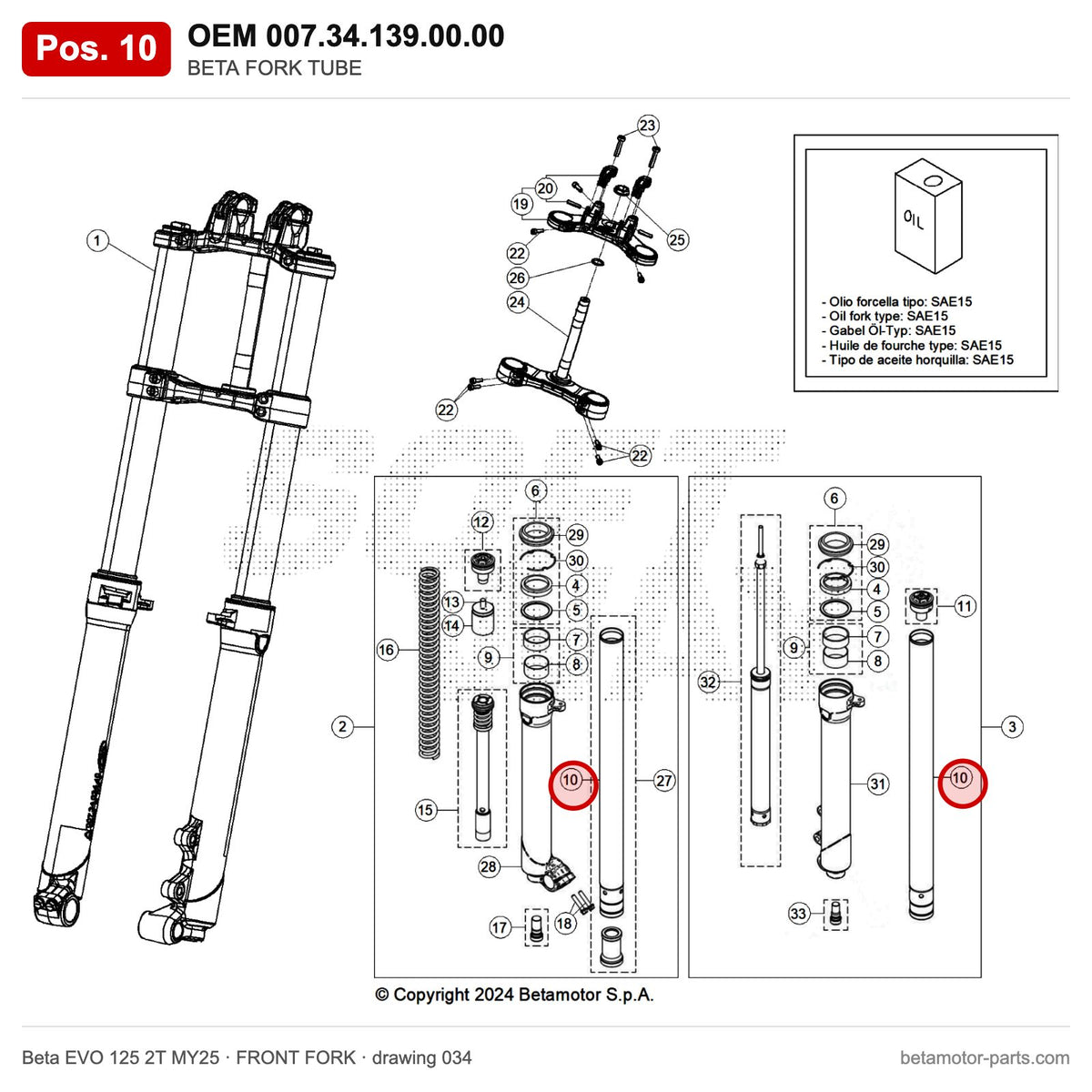BETA FORK TUBE_1 – OEM 007.34.139.00.00, position 10 on the Beta EVO 125 2T MY25 front fork drawing