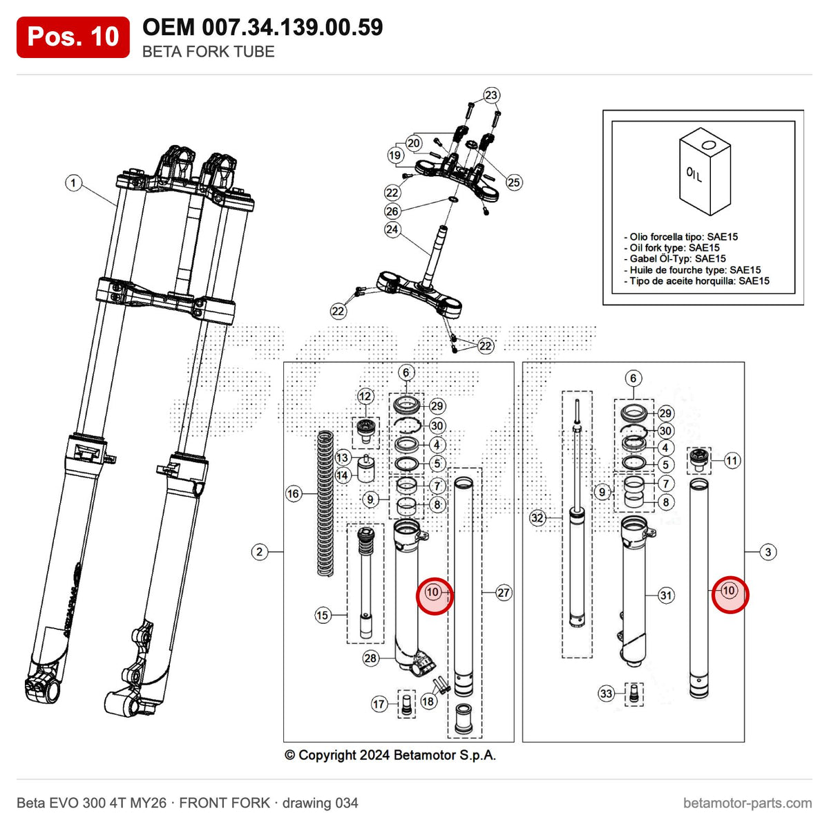 BETA FORK TUBE_2 – OEM 007.34.139.00.59, position 10 on the Beta EVO 300 4T MY26 front fork drawing