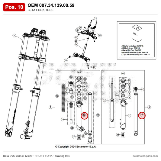 BETA FORK TUBE_2 – OEM 007.34.139.00.59, position 10 on the Beta EVO 300 4T MY26 front fork drawing