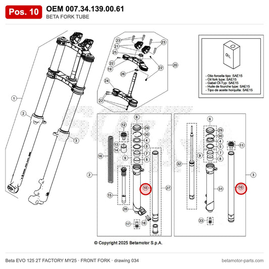 BETA FORK TUBE – OEM 007.34.139.00.61, position 10 on the Beta EVO 125 2T FACTORY MY25 front fork drawing
