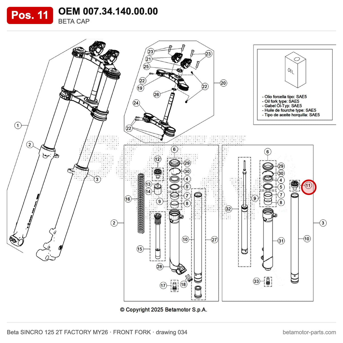 BETA CAP – OEM 007.34.140.00.00, position 11 on the Beta SINCRO 125 2T FACTORY MY26 front fork drawing