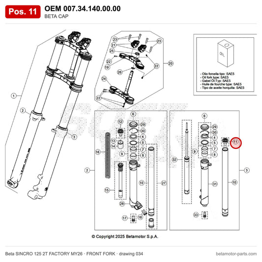 BETA CAP – OEM 007.34.140.00.00, position 11 on the Beta SINCRO 125 2T FACTORY MY26 front fork drawing