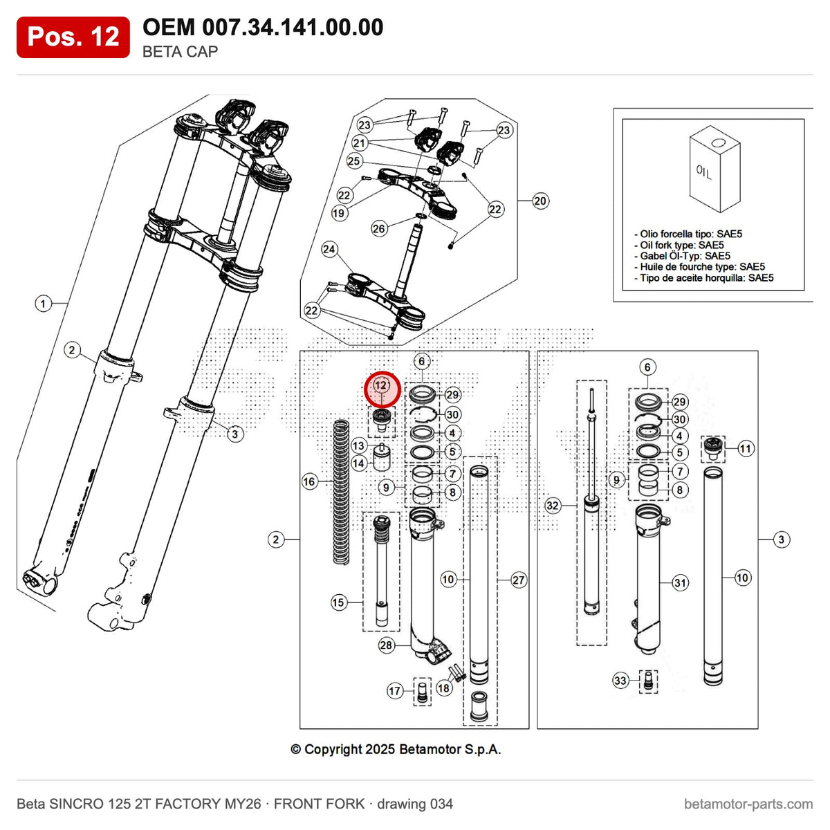 BETA CAP_1 – OEM 007.34.141.00.00, position 12 on the Beta SINCRO 125 2T FACTORY MY26 front fork drawing