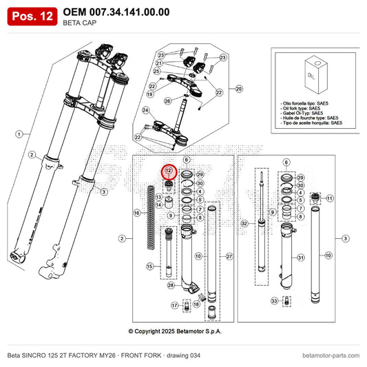 BETA CAP_1 – OEM 007.34.141.00.00, position 12 on the Beta SINCRO 125 2T FACTORY MY26 front fork drawing