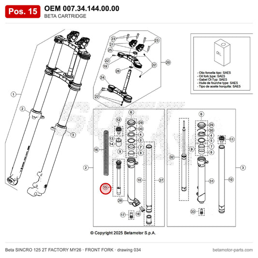 BETA CARTRIDGE_1 – OEM 007.34.144.00.00, position 15 on the Beta SINCRO 125 2T FACTORY MY26 front fork drawing